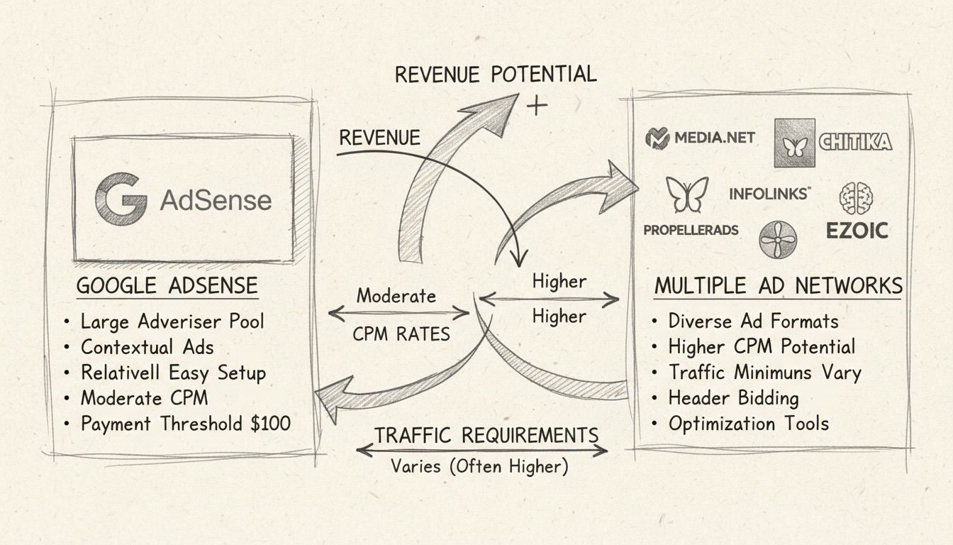 Diagramme comparatif dessiné à la main des réseaux publicitaires alternatifs montrant Media.net, InfoLinks, Chitika, PropellerAds et Ezoic avec leurs principales caractéristiques et métriques