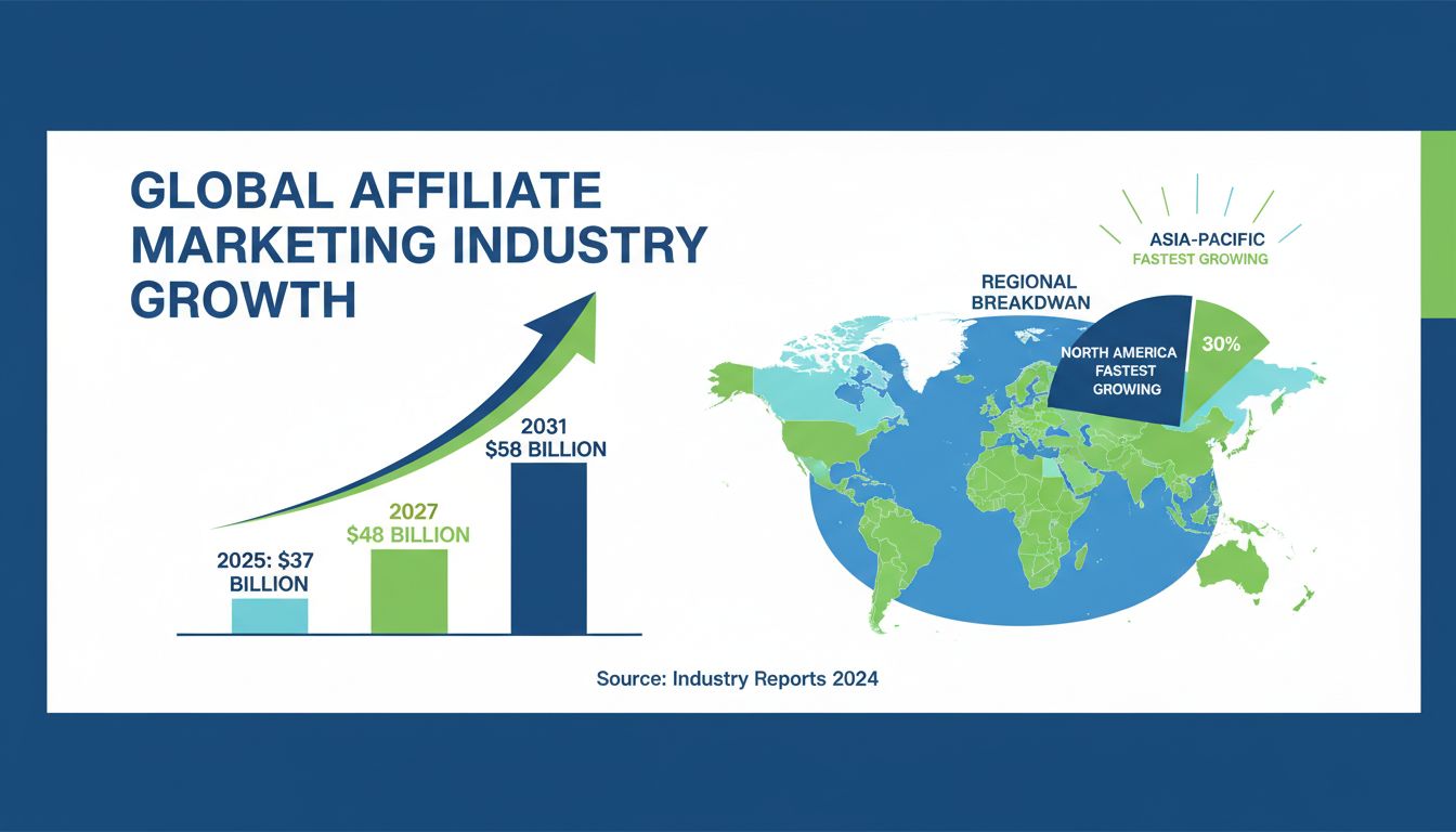 Projection de la croissance de l'industrie mondiale du marketing d'affiliation de 2025 à 2031 montrant la progression de la taille du marché et la répartition régionale