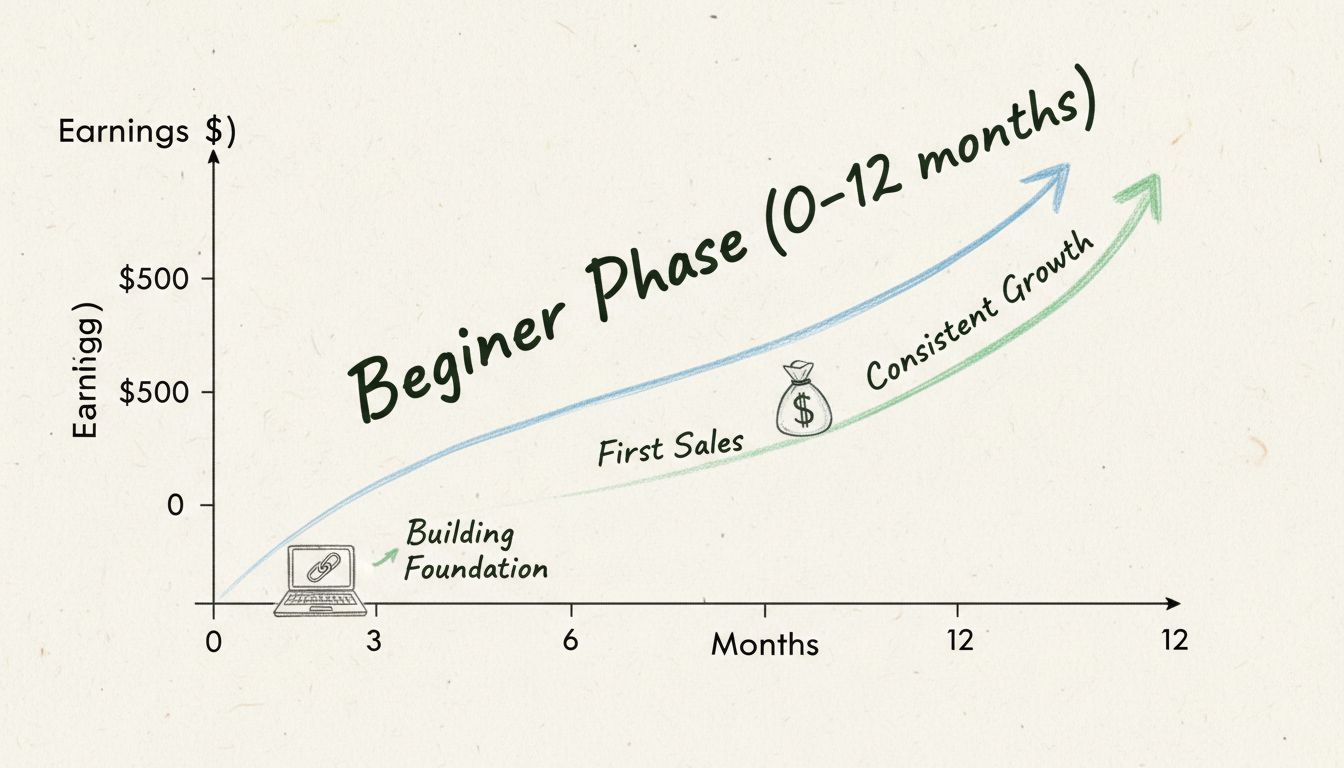 Graphique de la progression des gains d'un débutant en affiliation, montrant une croissance de 0 à 1 000 $ sur 12 mois