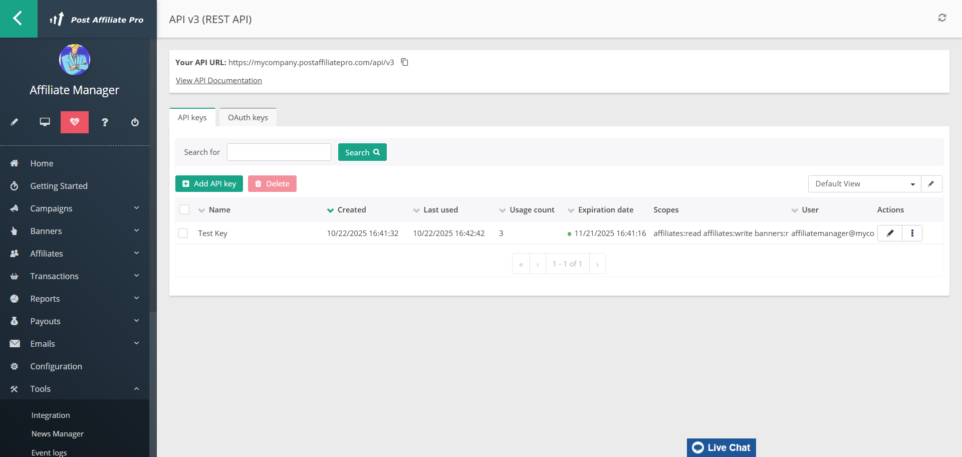 Écran API v3 (REST API) de Post Affiliate Pro pour générer une clé API
