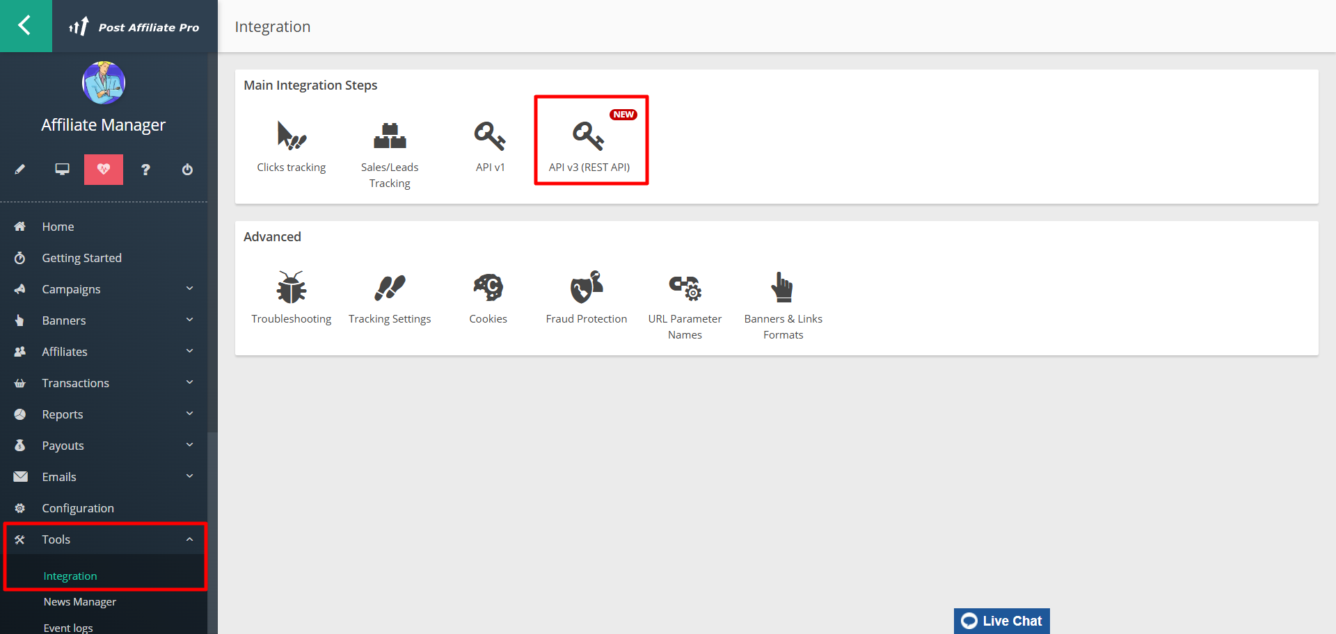 Panneau marchand Post Affiliate Pro menu Configuration > Outils > Intégration