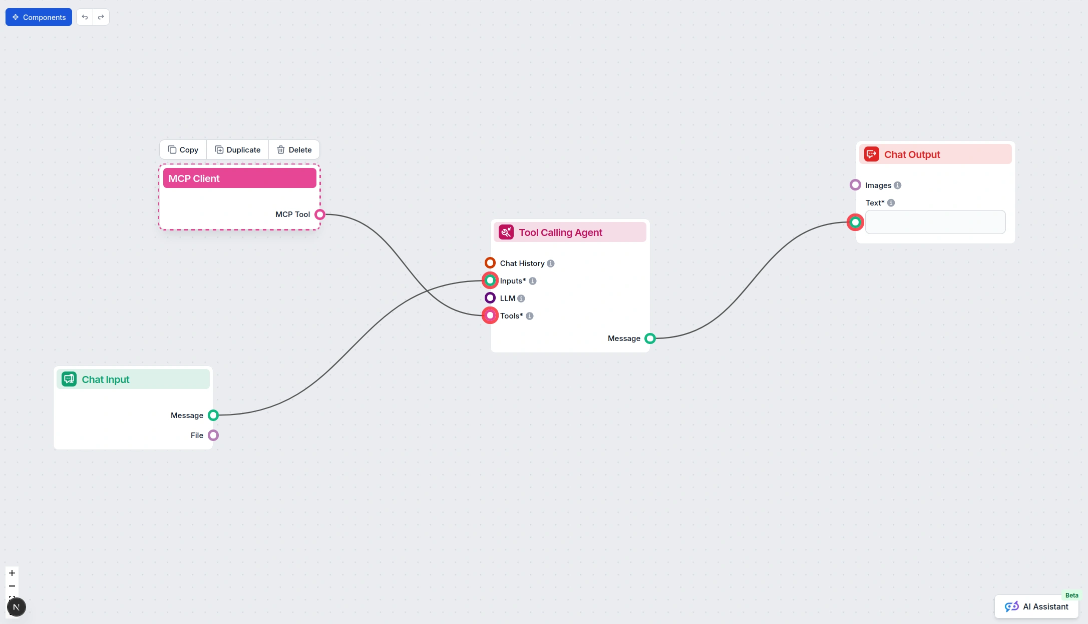 Flux FlowHunt avec un nœud MCP connecté à Post Affiliate Pro