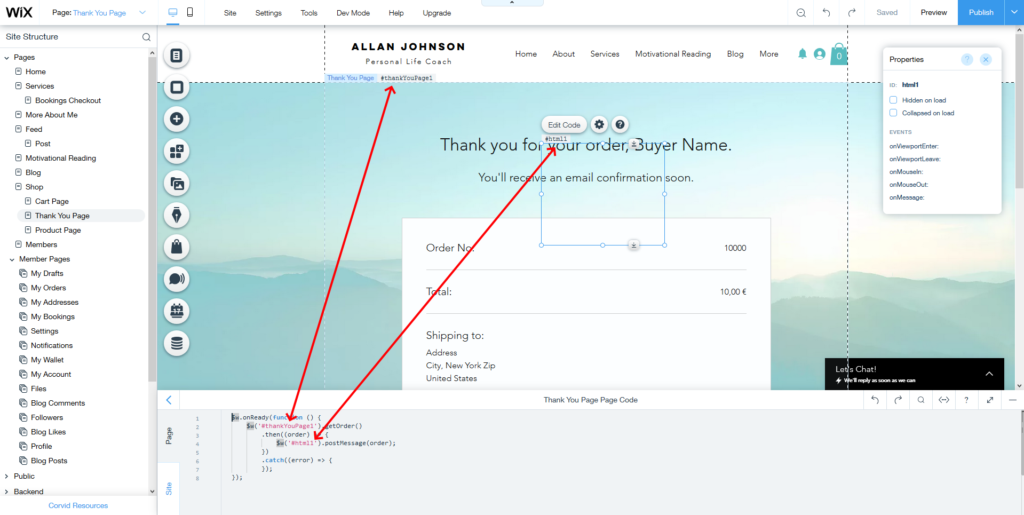 Capture d’écran de l’intégration Wix