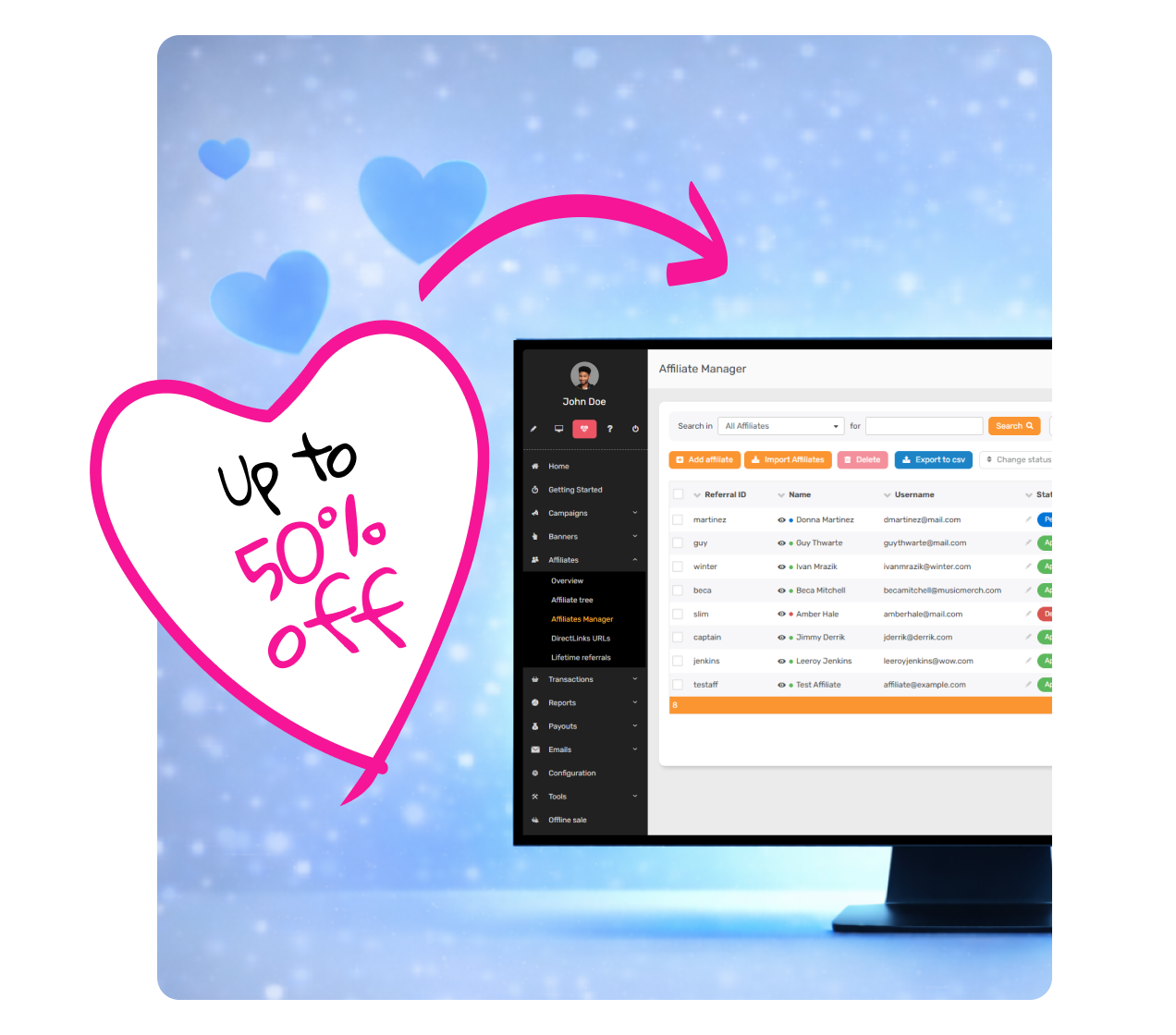 Illustration héroïque sur le thème de la Saint-Valentin pour la promotion Post Affiliate Pro