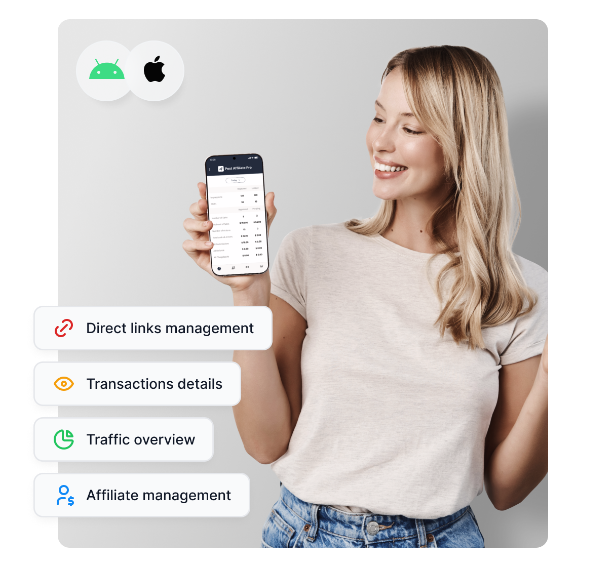 Gérez vos affiliés en déplacement avec l'application mobile gratuite Post Affiliate Pro.