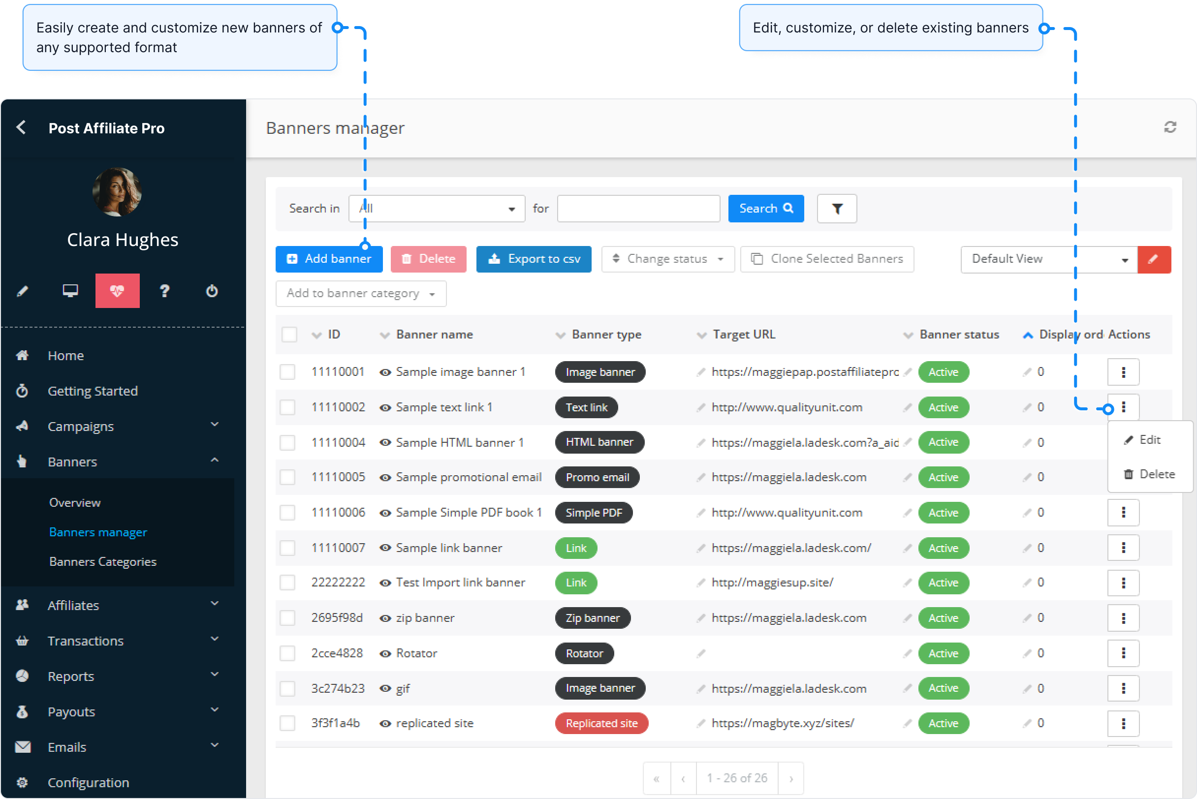 Aperçu de la fonctionnalité gestionnaire de bannières dans Post Affiliate Pro.