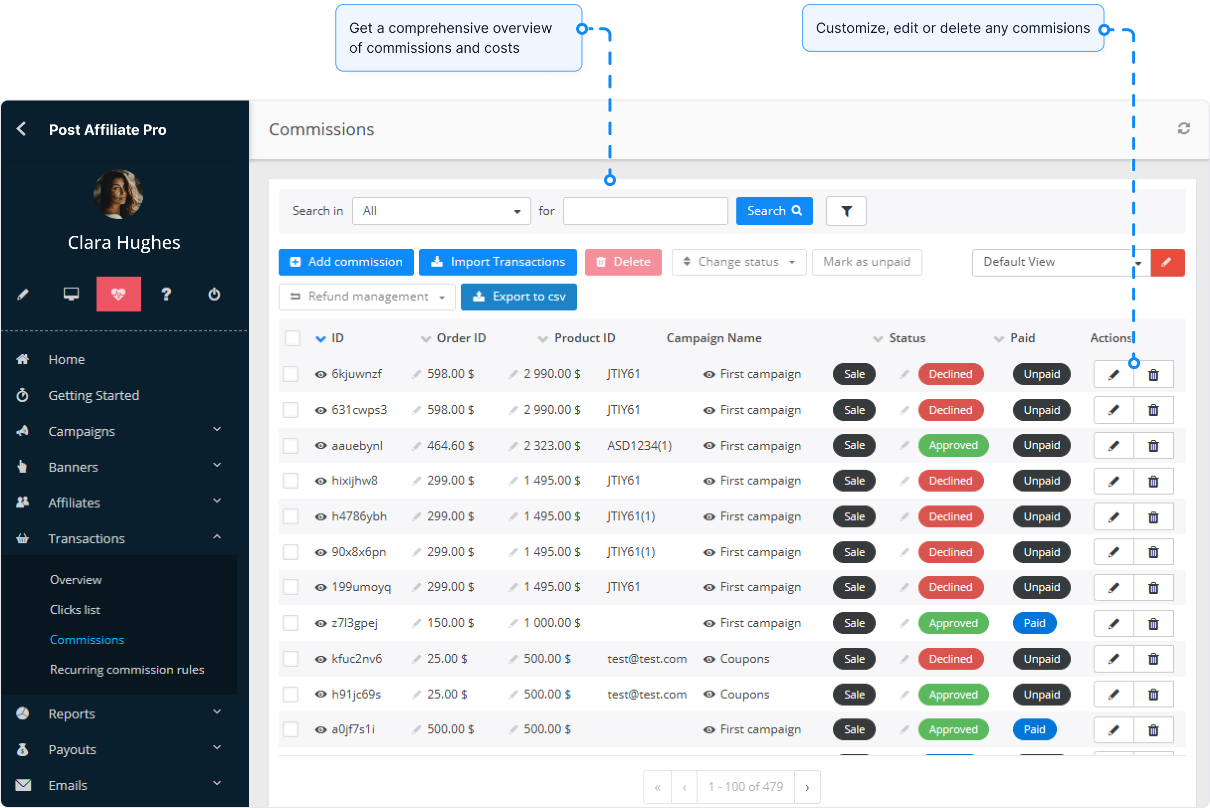 Aperçu de la fonctionnalité Commissions dans Post Affiliate Pro.