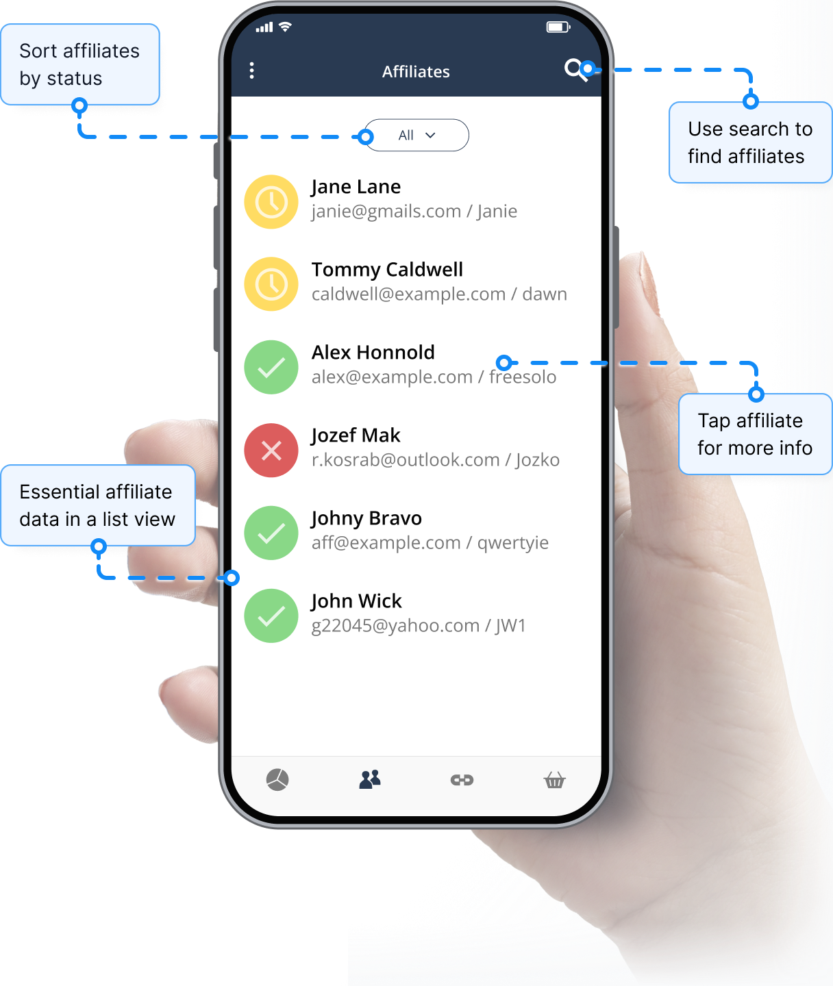 Aperçu de la fonctionnalité de gestion des affiliés dans l'application mobile Post Affiliate Pro.