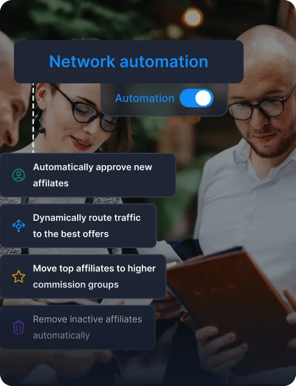 Un overlay de technologies et plateformes logicielles montrant des boutons d'automatisation pour les tâches marketing, les bonus et les rapports d'affiliés.