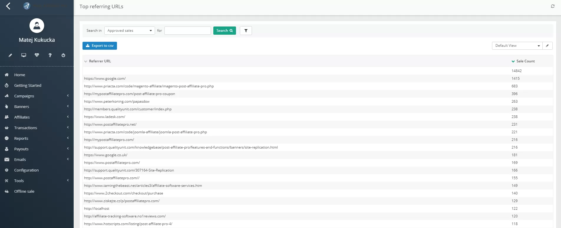 Capture d'écran du rapport Meilleures URLs dans Post Affiliate Pro