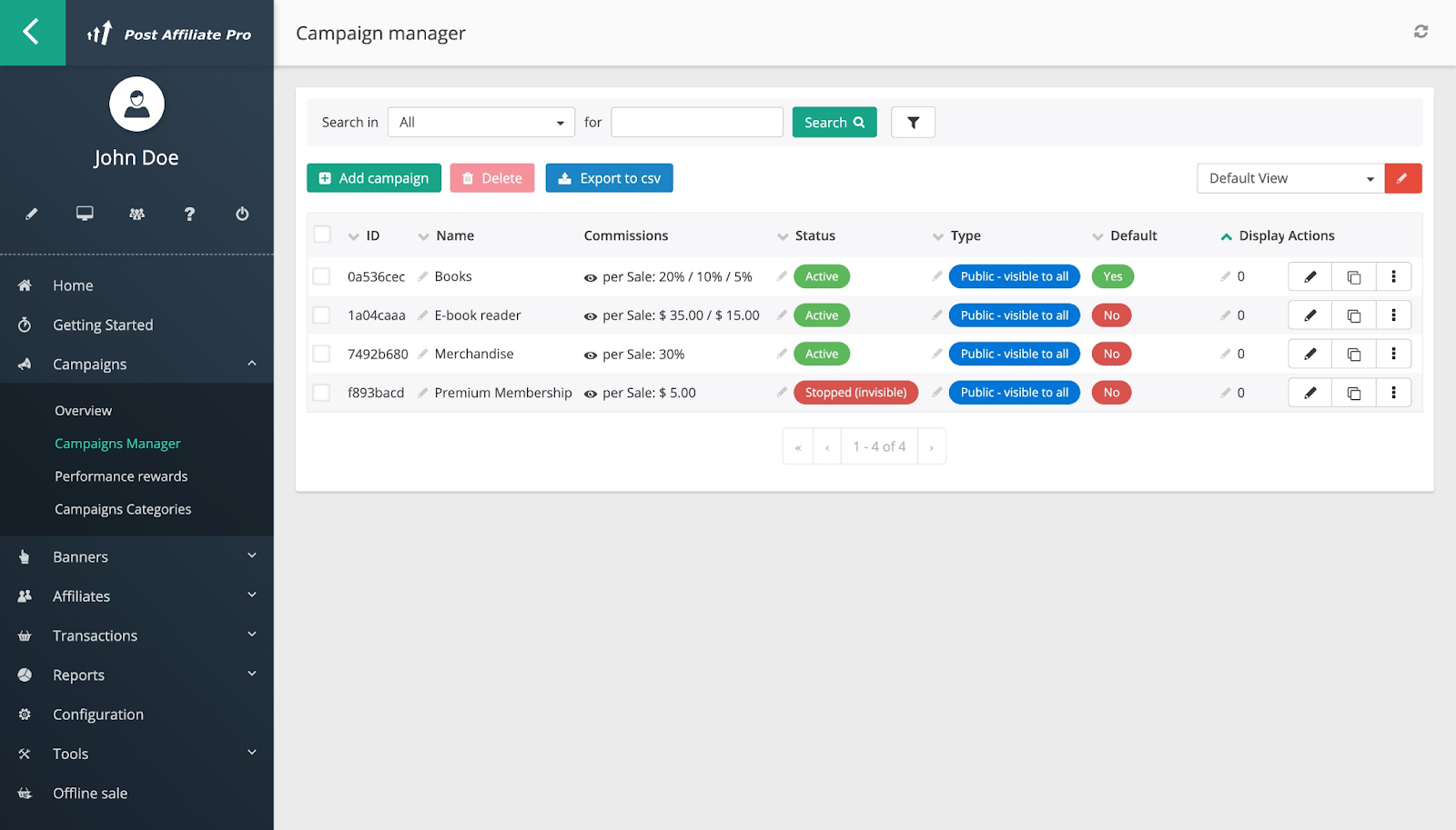 Post Affiliate Pro permet aussi de suivre et gérer facilement vos campagnes grâce à la fonction Campaign manager