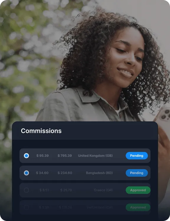 Un tableau des commissions montrant les paiements en attente et approuvés dans plusieurs devises et pays.