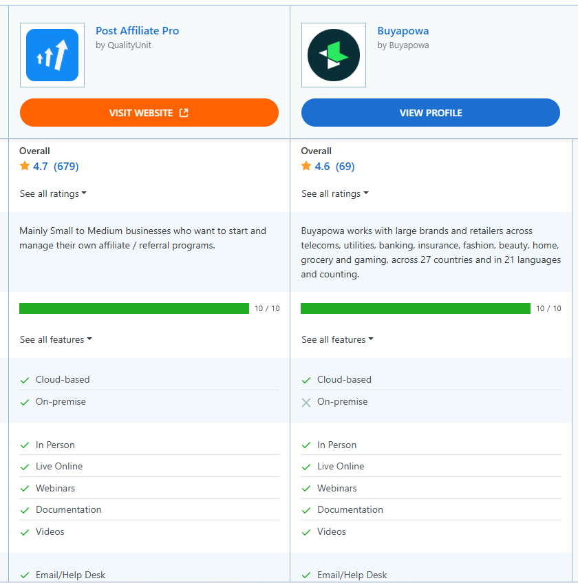 Comparaison des fonctionnalités entre Post Affiliate Pro et Buyapowa.