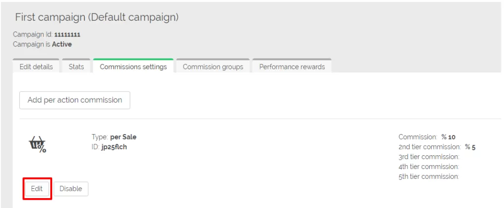 Capture d’écran montrant l’interface de configuration des commissions dans Post Affiliate Pro.