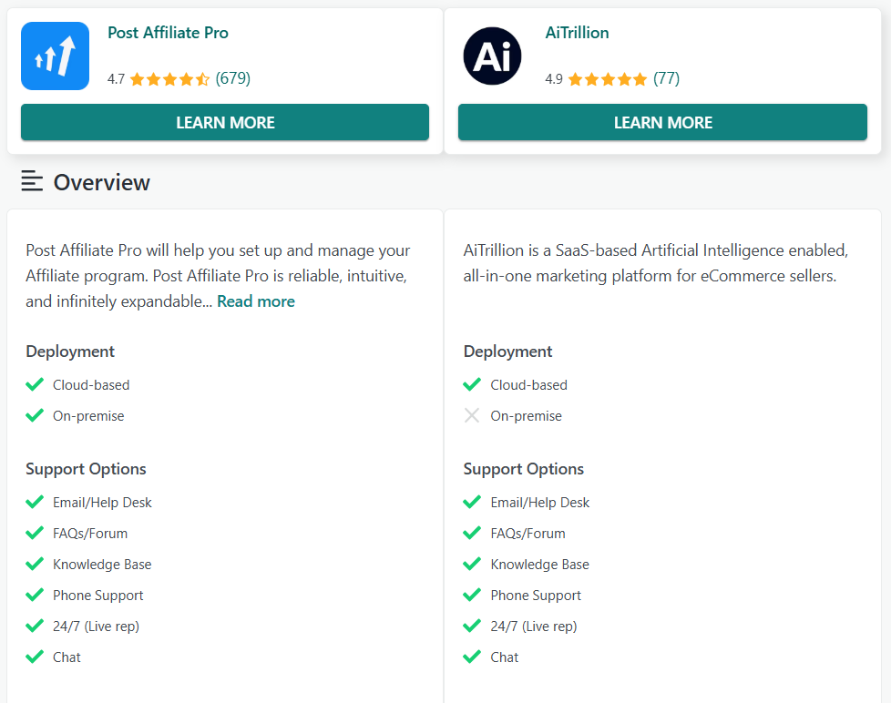 Post Affiliate Pro vs AiTrillion comparaison des fonctionnalités sur GetApp