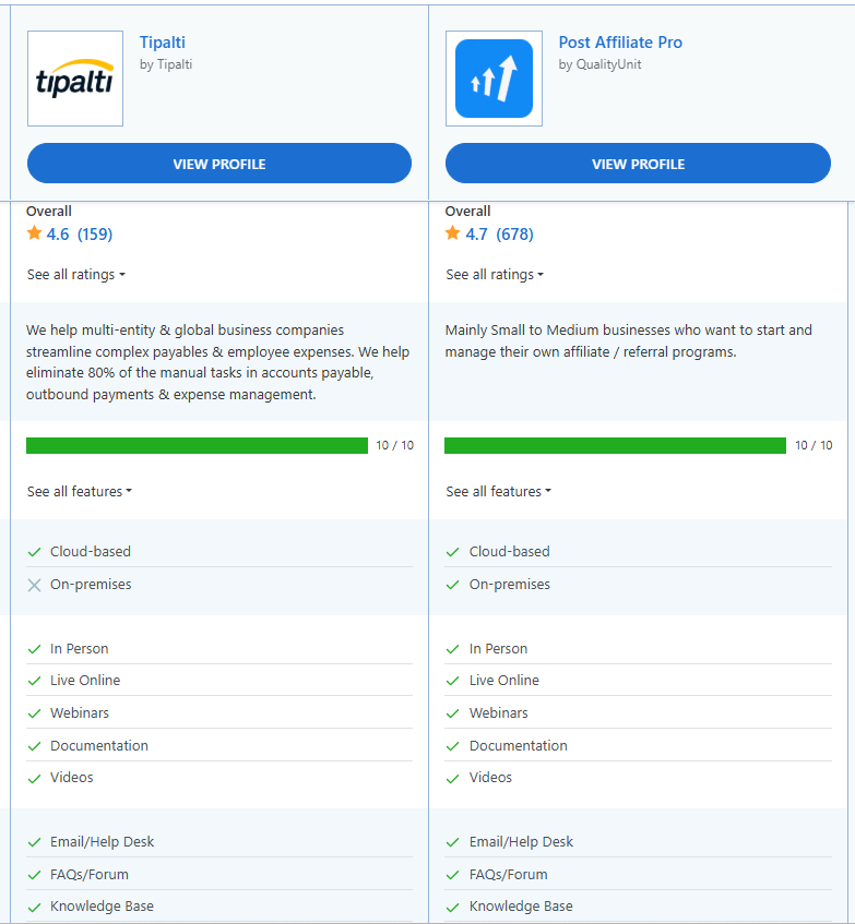 Comparaison des fonctionnalités entre Post Affiliate Pro et Tipalti.
