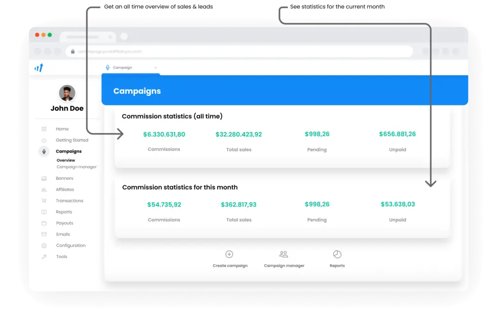 Une image illustrant la vue d'ensemble des campagnes dans Post Affiliate Pro.