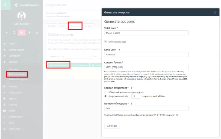 Illustration montrant la fonctionnalité de génération de coupons dans Post Affiliate Pro.