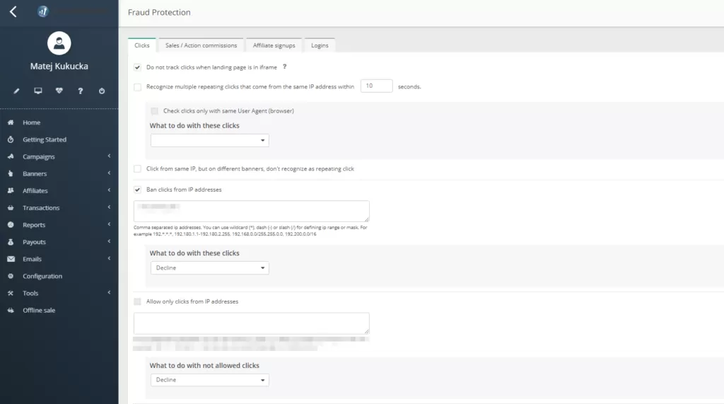 Capture d’écran du tableau de configuration de la protection contre la fraude dans Post Affiliate Pro.