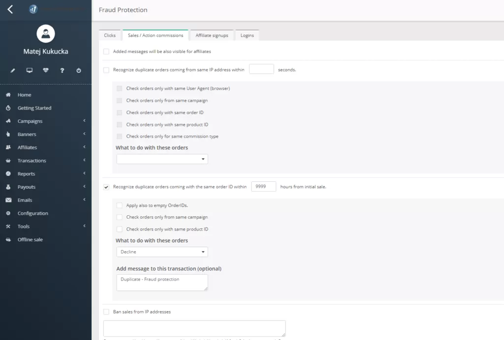 Capture d'écran du tableau de configuration de la protection contre la fraude sur Post Affiliate Pro.