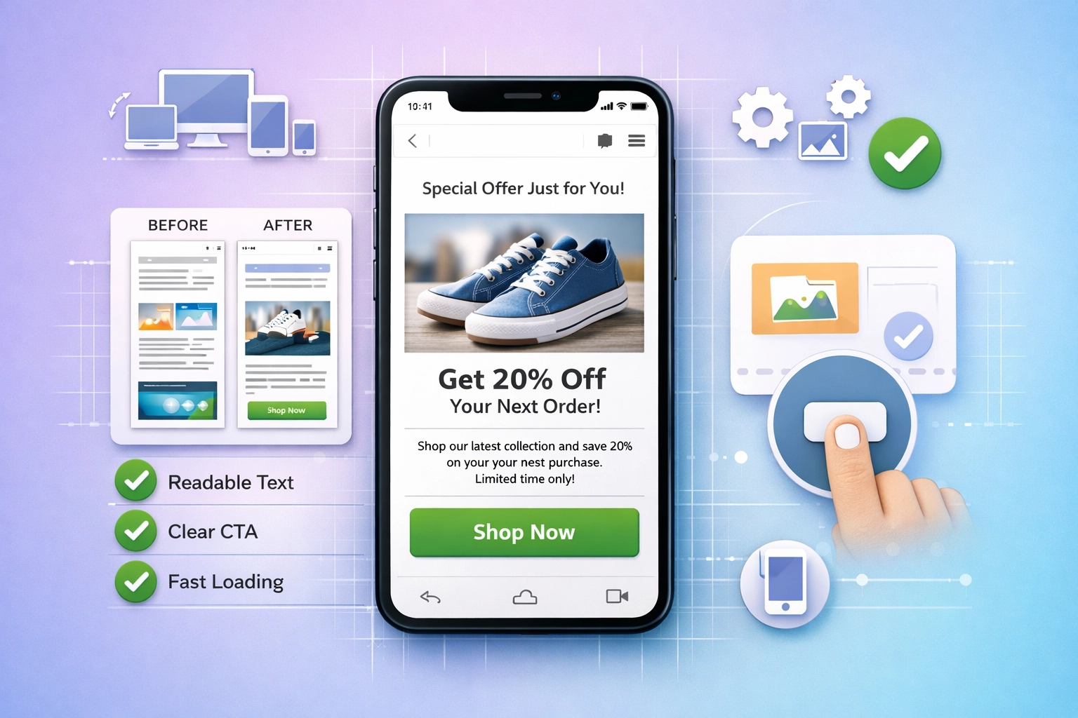 Optimisation mobile-first du design email affichant une mise en page responsive et des boutons accessibles au pouce