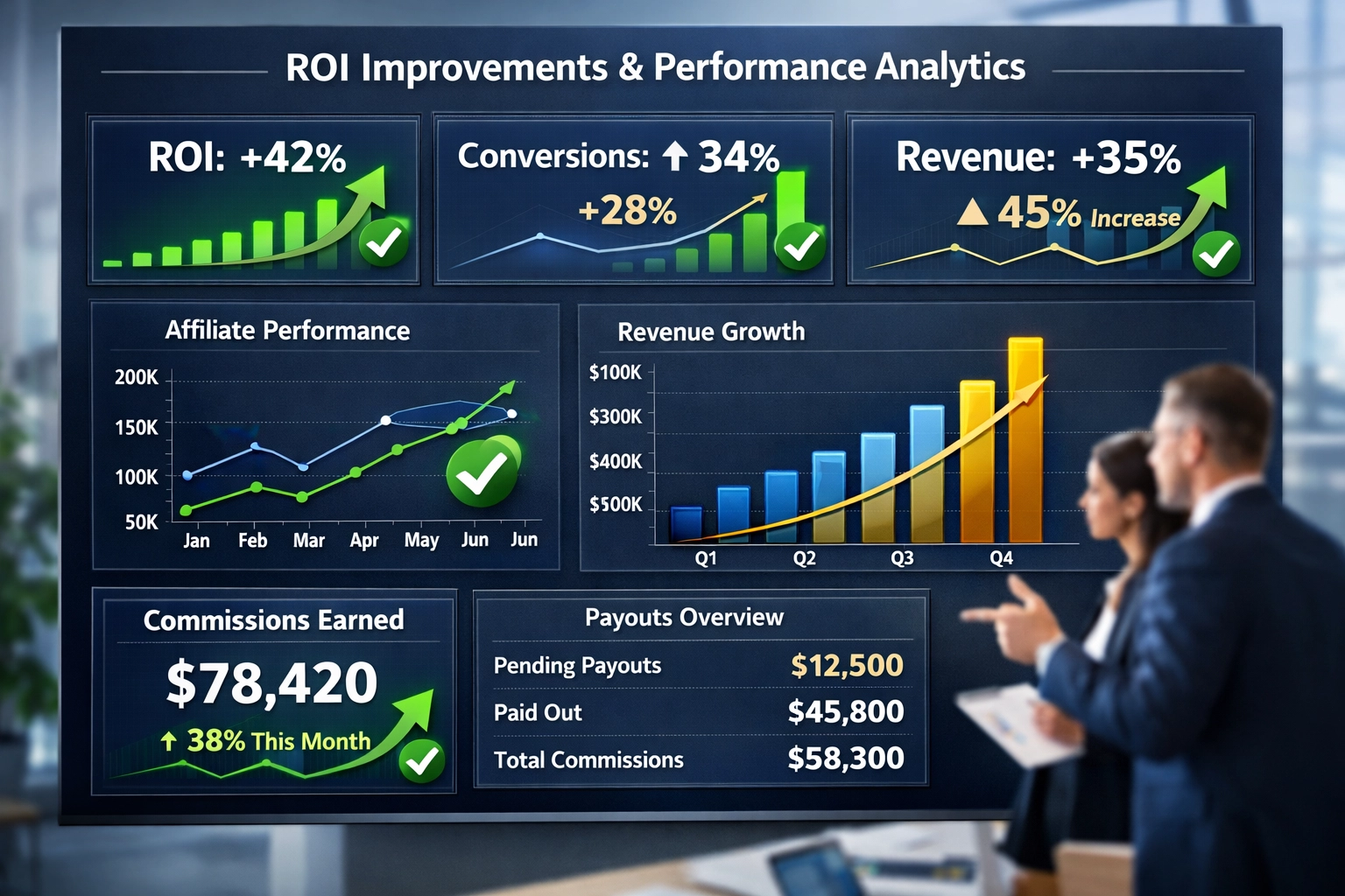 Tableau de bord des métriques ROI affichant des améliorations de performance et des indicateurs de croissance