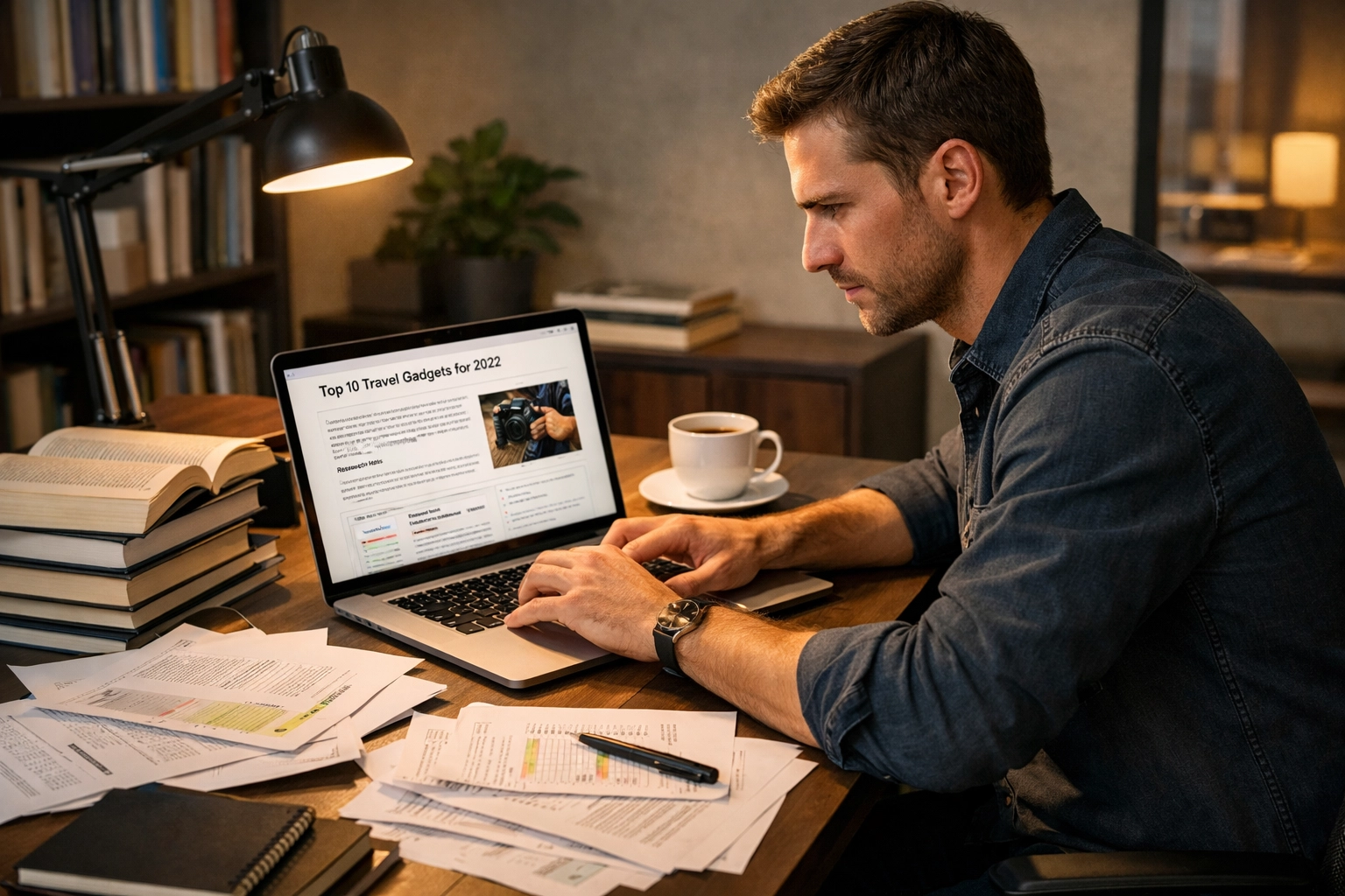 Créateur de contenu travaillant sur du contenu d'affiliation de qualité avec des documents de recherche