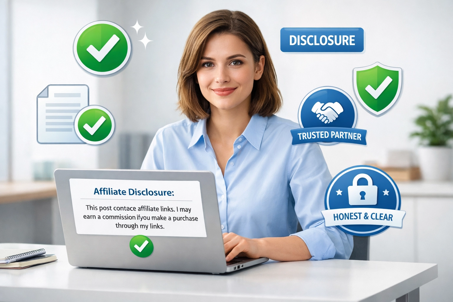 Concept de divulgation transparente en marketing d’affiliation avec des indicateurs de confiance