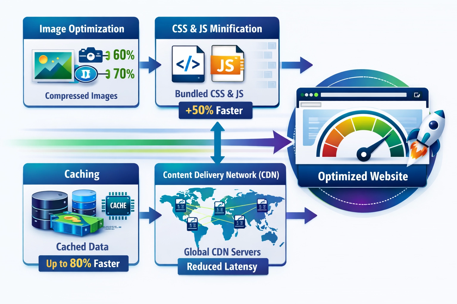 Infographie des techniques d’optimisation de la vitesse d’un site web illustrant la compression d’image, la mise en cache, le CDN et le bundling