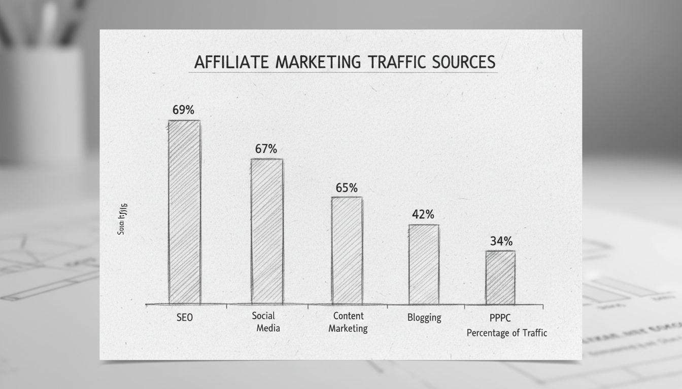 Sources de trafic pour l’affiliation : SEO 69 %, réseaux sociaux 67 %, content marketing 65 %, blogging 64 %, email 42 %, PPC 34 %