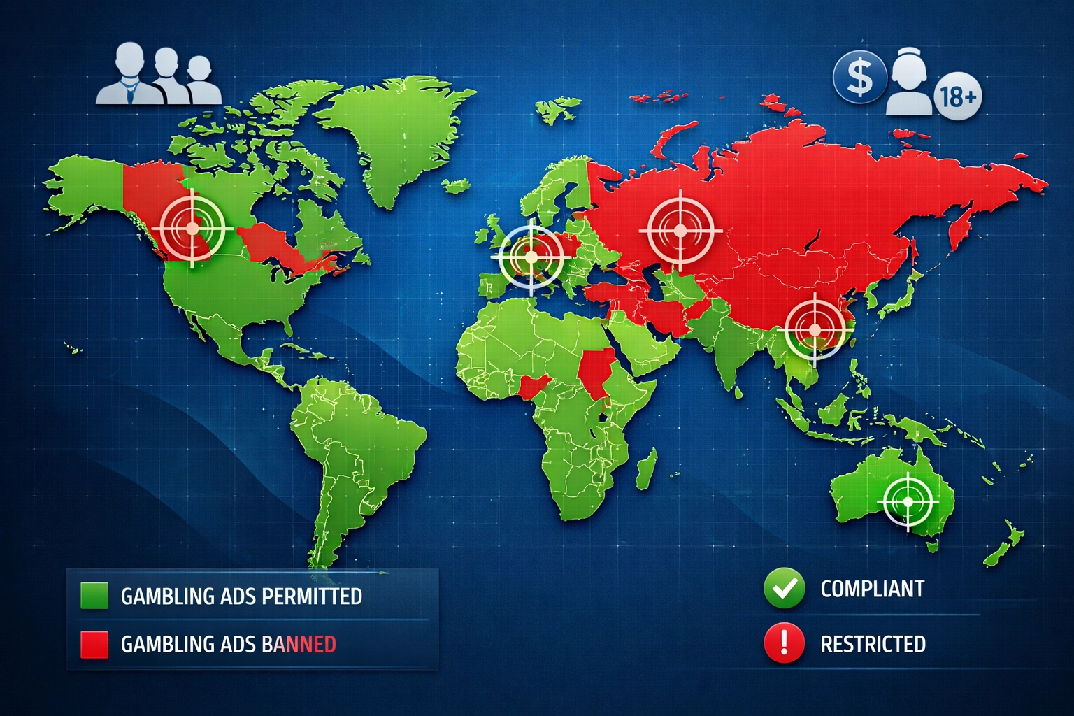 Carte du monde représentant la réglementation publicitaire des jeux d’argent par région, avec zones de conformité et indicateurs de ciblage en couleurs