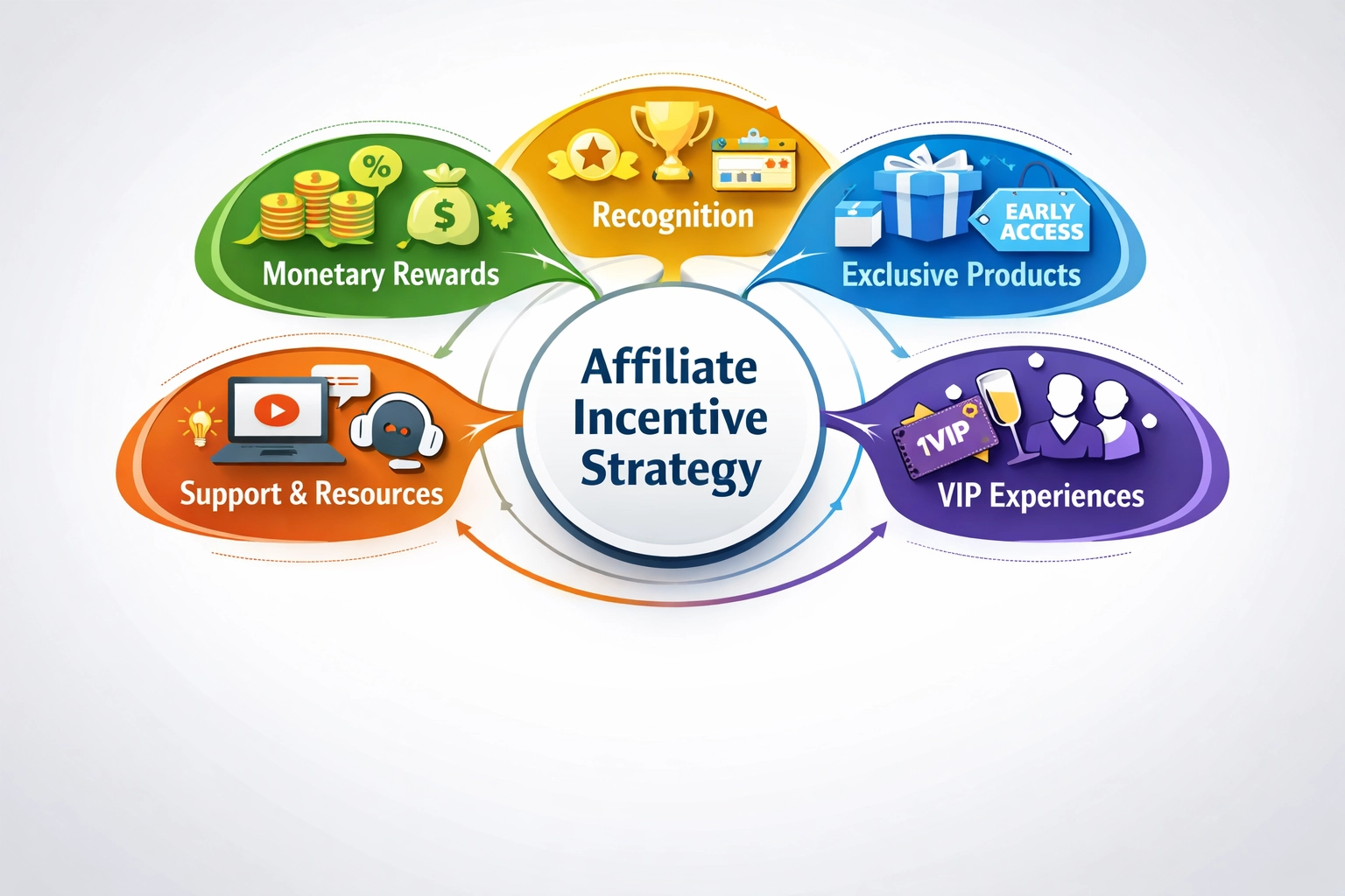 Stratégie d’incitation pour affiliés intégrant diverses récompenses : monétaires, reconnaissance, produits exclusifs, expériences VIP et accompagnement