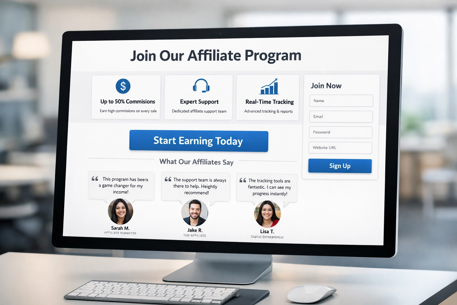 Design de landing page affiliée moderne et épuré avec un CTA clair et des éléments de preuve sociale