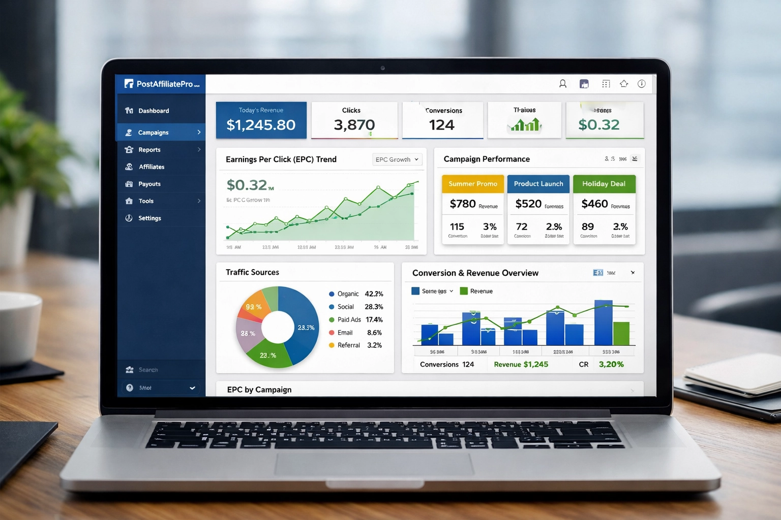 Tableau de bord analytique PostAffiliatePro affichant des données de suivi en temps réel et des métriques EPC