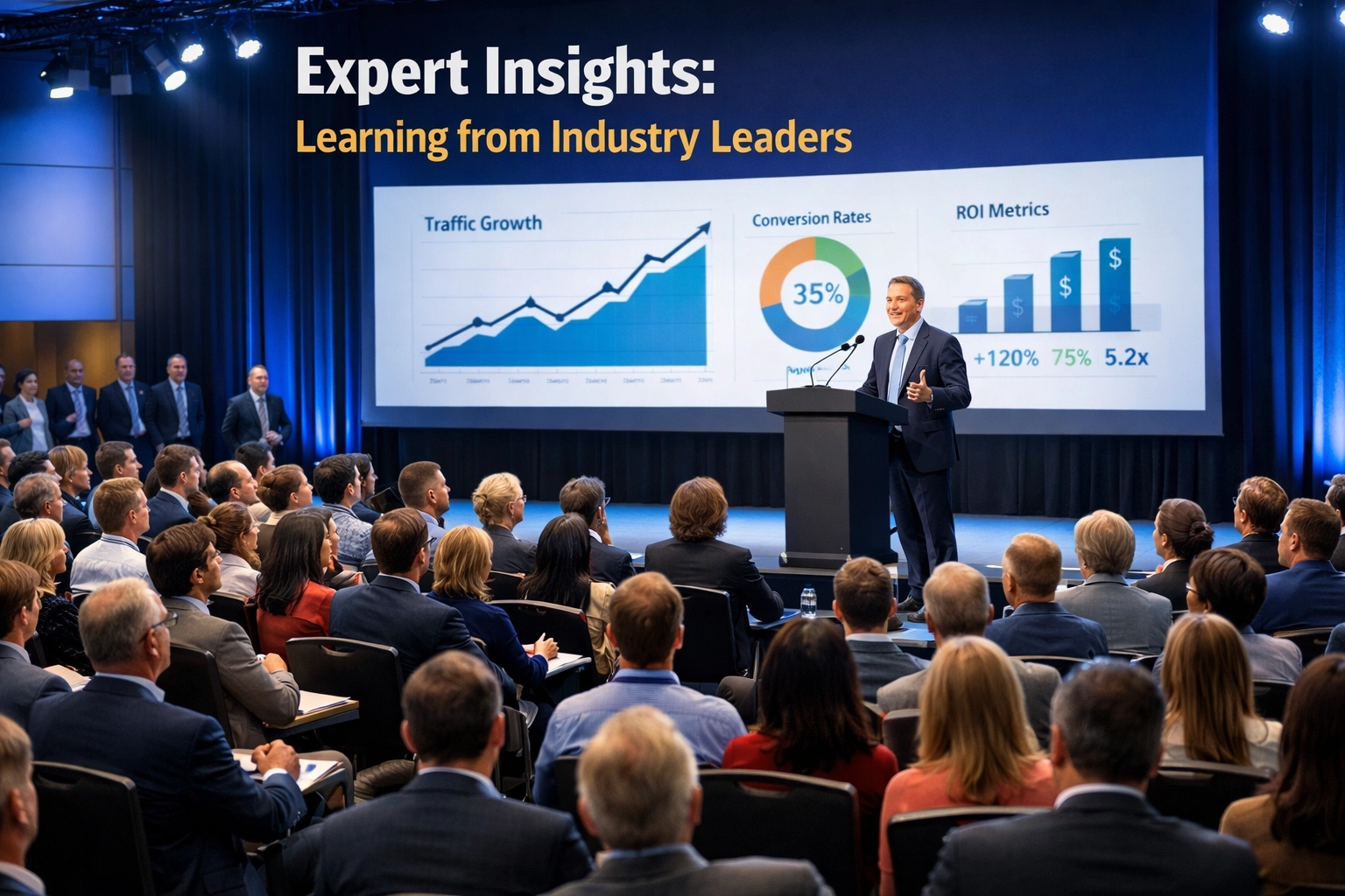 Professional keynote speaker presenting to engaged audience at marketing conference