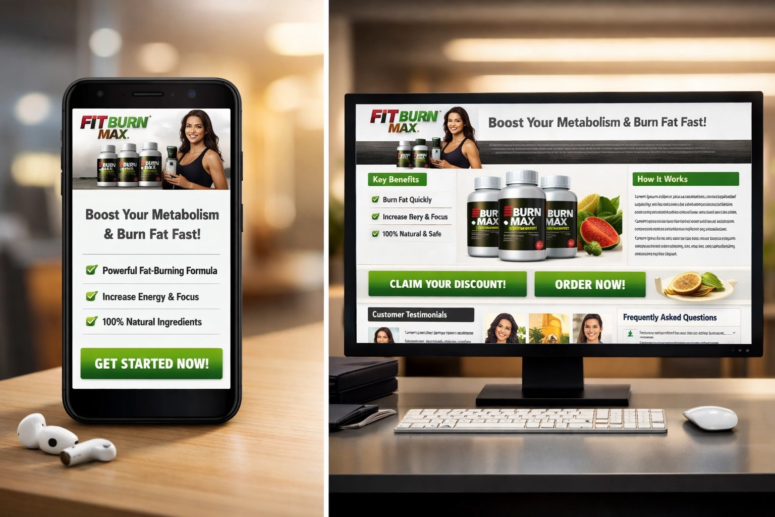 Comparaison landing page affiliée mobile vs desktop illustrant le responsive design