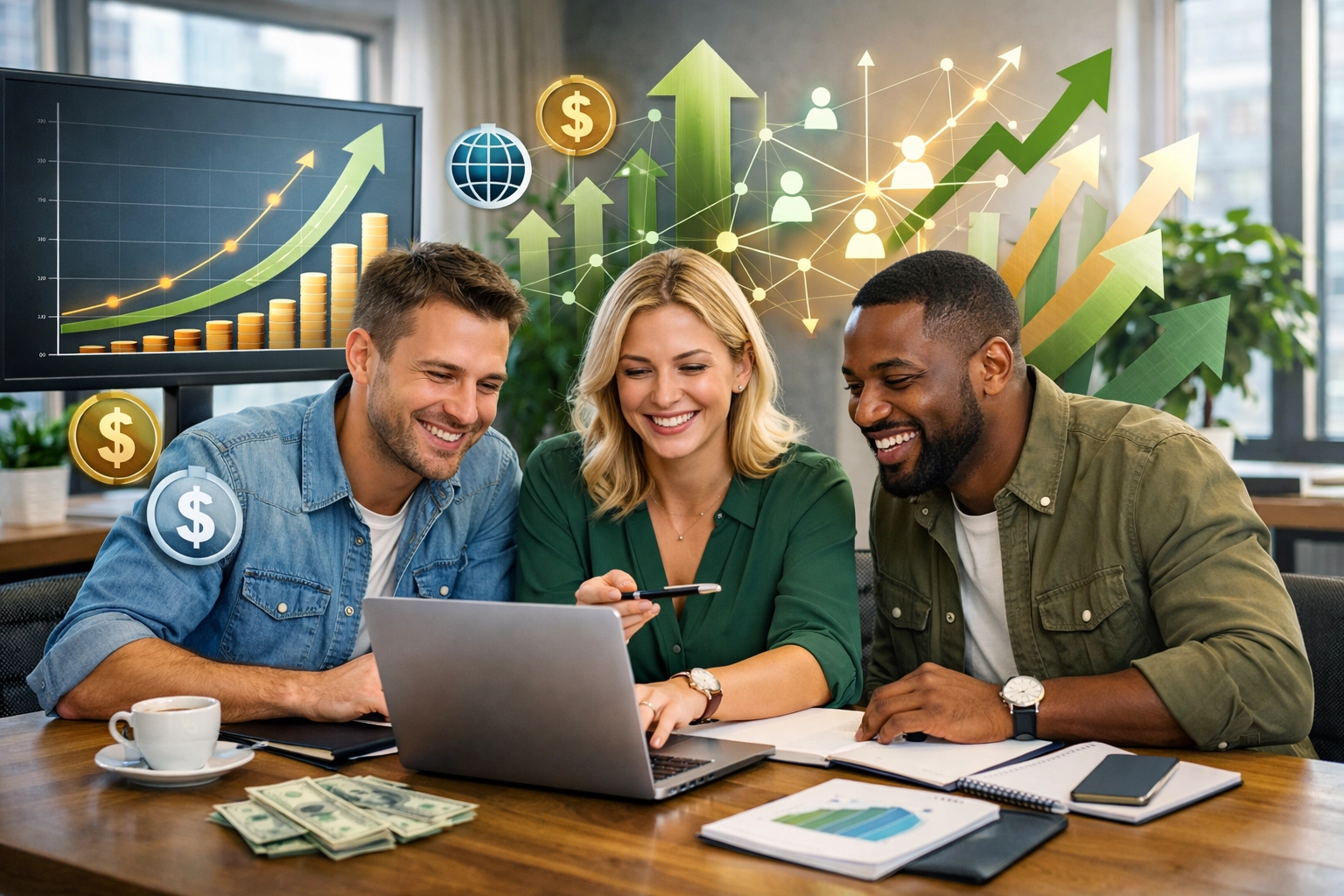 Équipe développant un business d’affiliation avec indicateurs de croissance et sources de revenus multiples