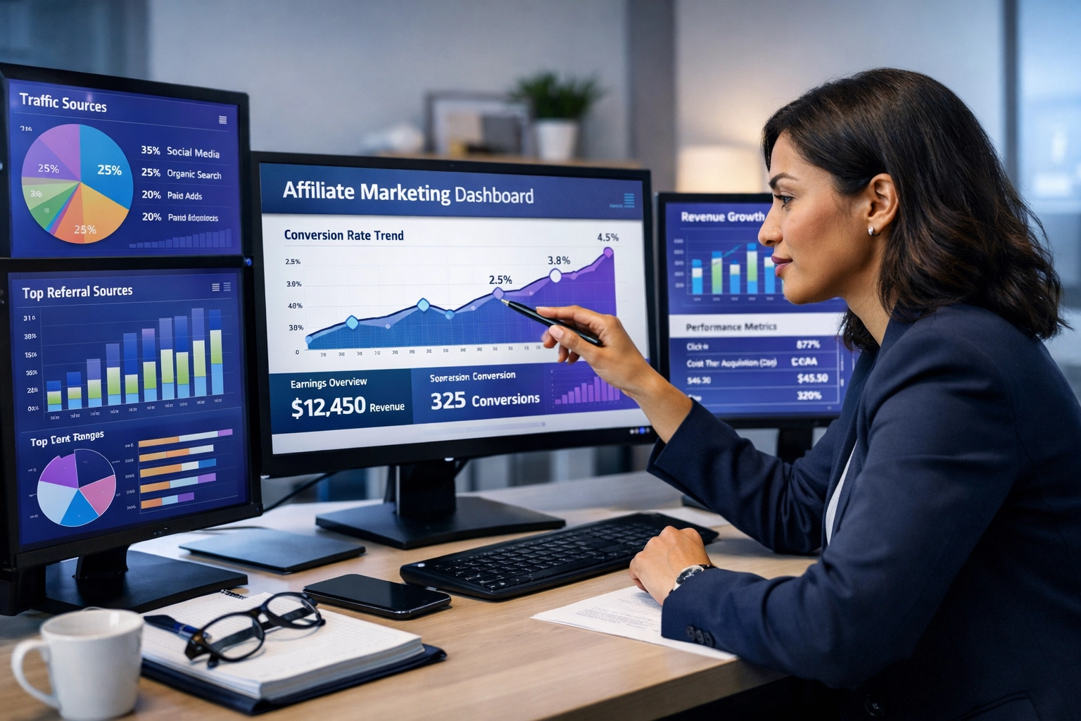 Tableau de bord analytique professionnel affichant des métriques d’affiliation et des données de performance