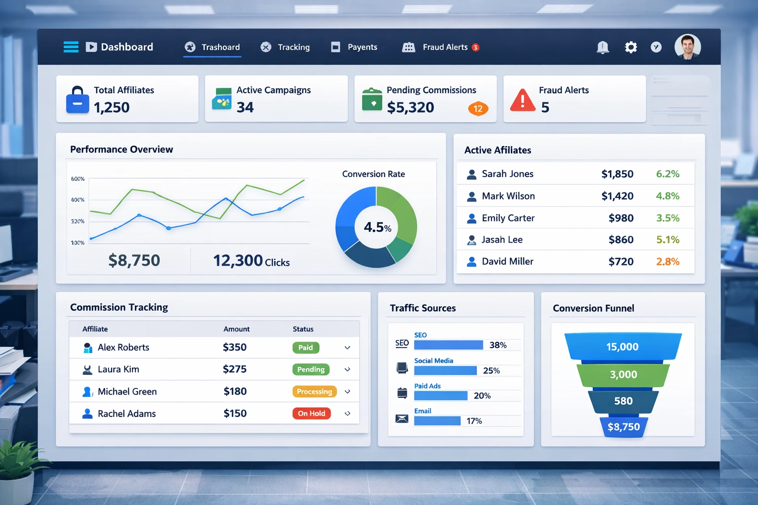 Tableau de bord PostAffiliatePro montrant les indicateurs de performance, le suivi des affiliés et la gestion des commissions