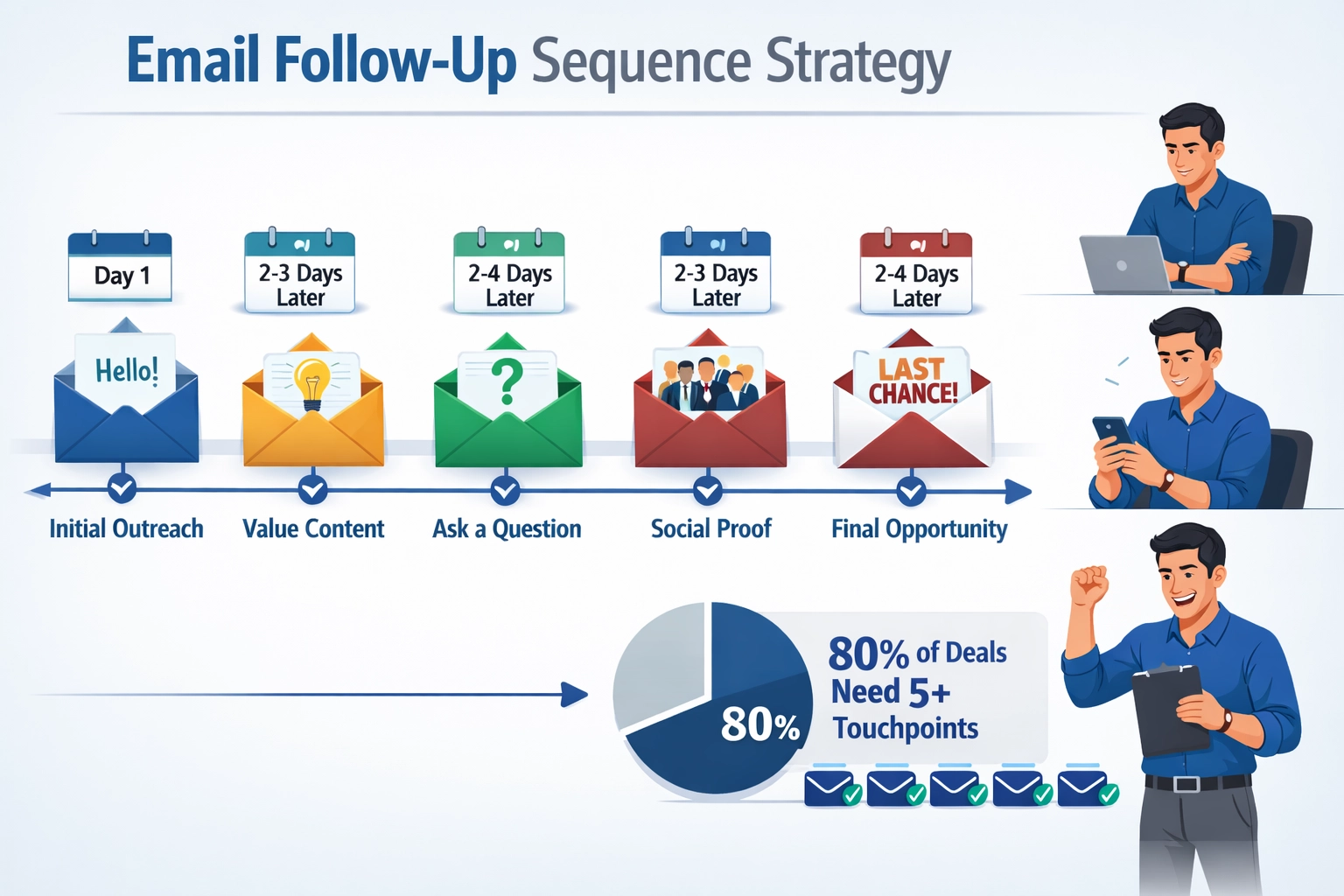 Email follow-up sequence timeline showing 5 touchpoints spaced 2-4 days apart