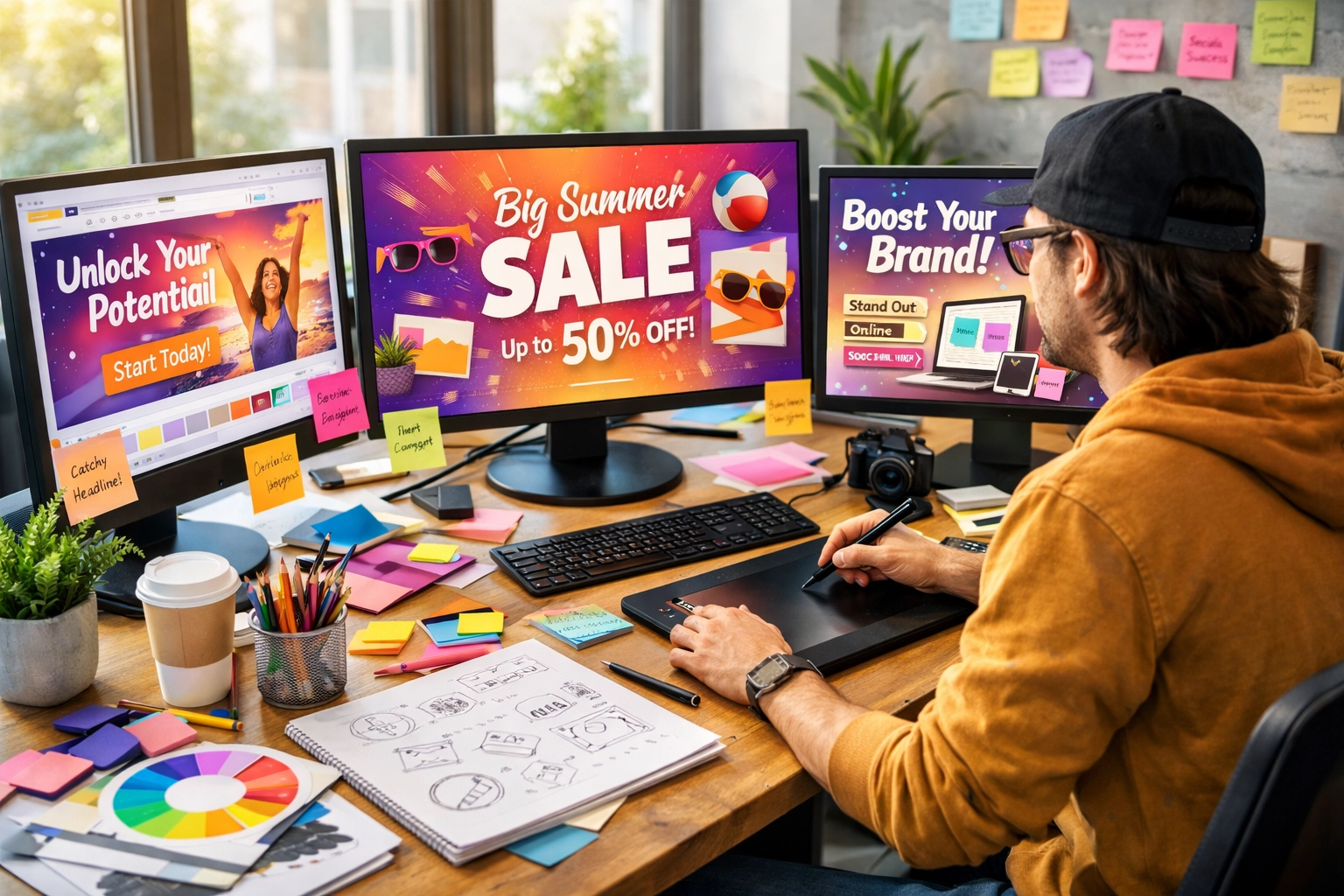 Espace créatif de création de contenu avec outils de design et matériaux de brainstorming