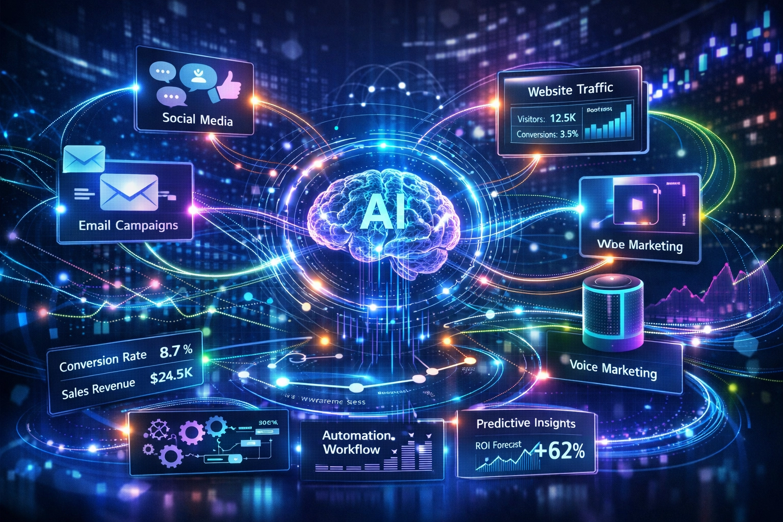 Écosystème futuriste d’affiliation piloté par l’IA, technologies intégrées et automatisation