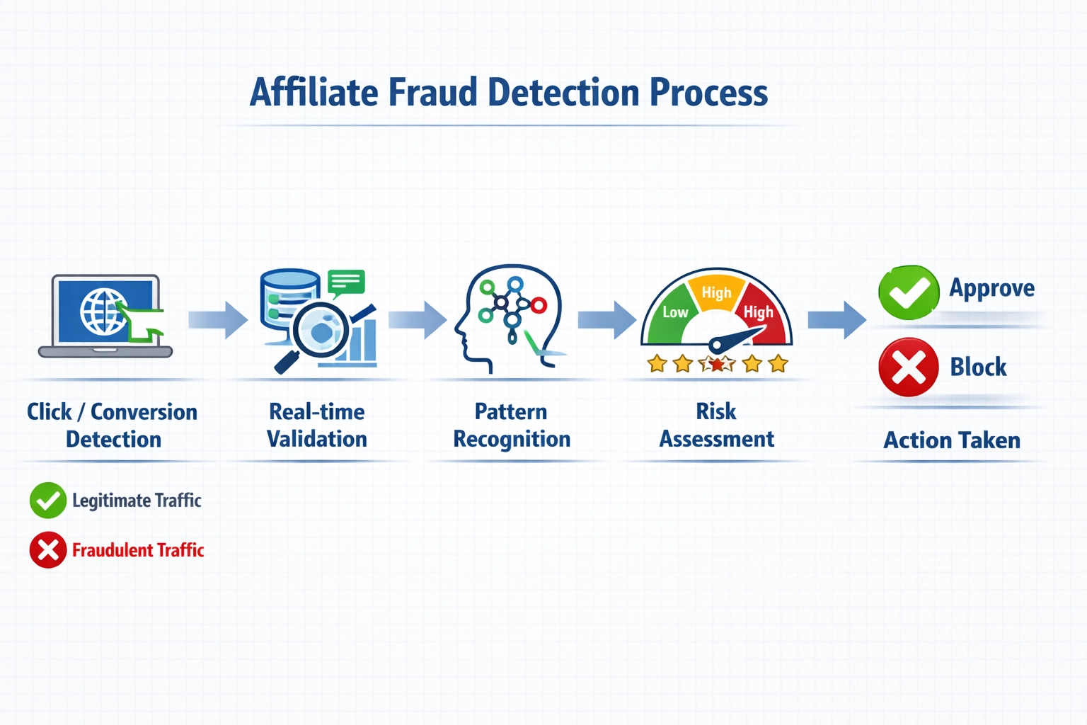 Processus de détection de la fraude en affiliation montrant validation en temps réel et reconnaissance de motifs