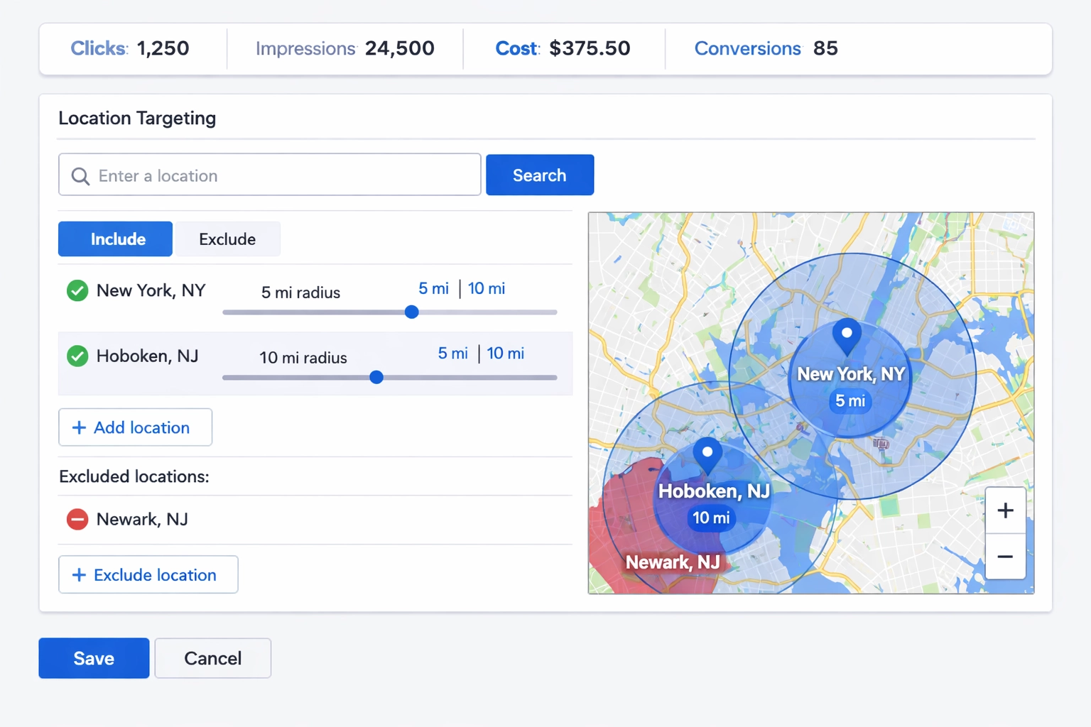 Tableau de bord publicitaire digital montrant l'interface de configuration d'une campagne de géociblage avec contrôle des zones ciblées