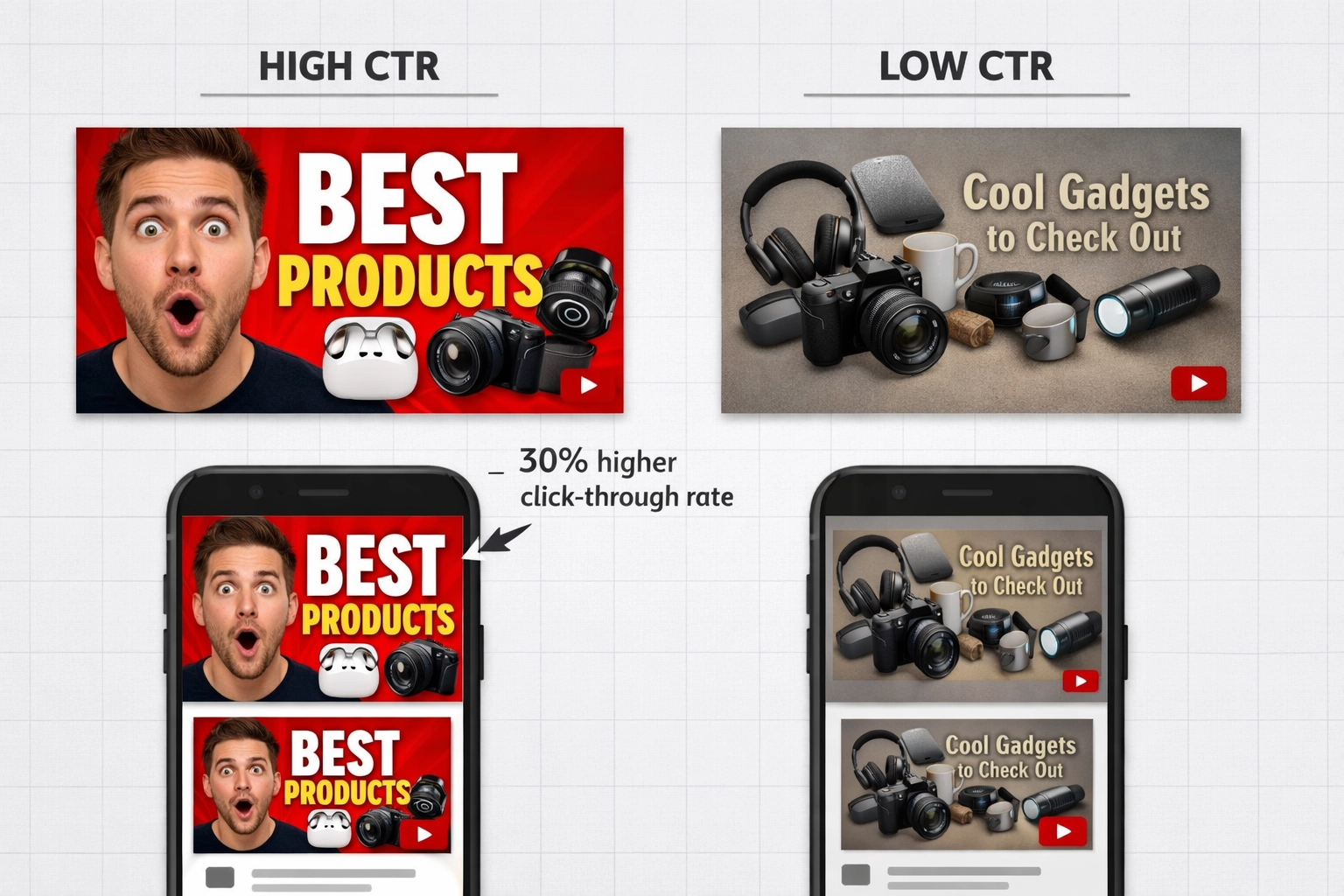 Comparaison de miniatures YouTube à fort taux de conversion et à faible conversion illustrant les meilleures pratiques de design