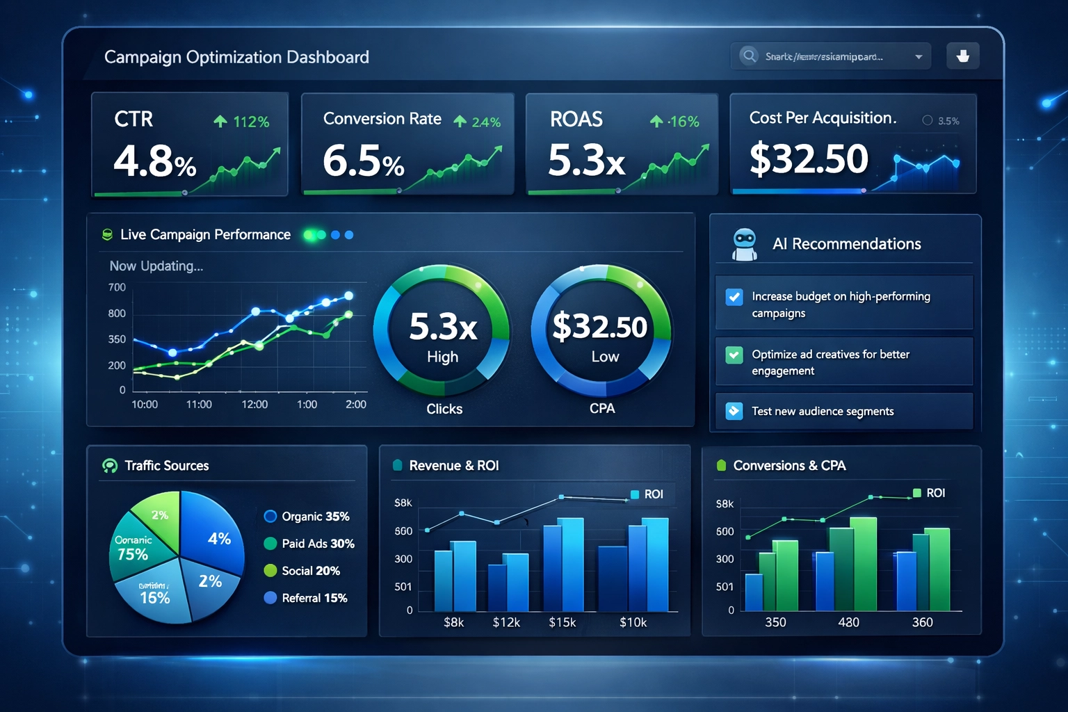 Tableau de bord d’optimisation en temps réel avec métriques de performance et recommandations IA