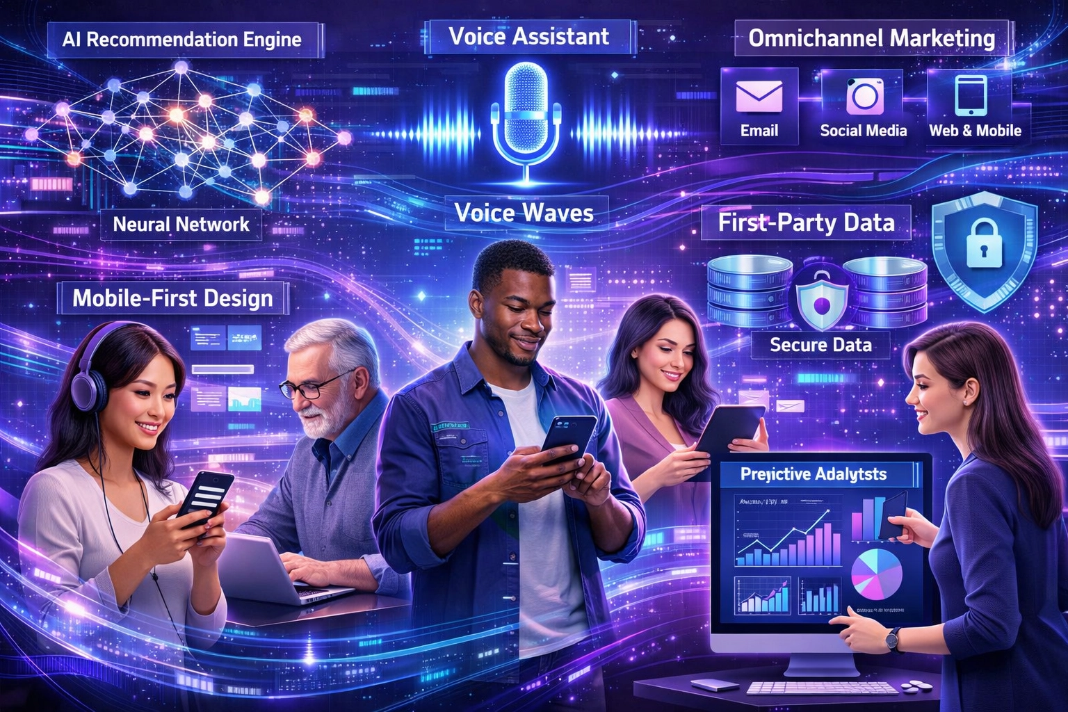 Paysage marketing digital futuriste avec des technologies émergentes de personnalisation : IA, recherche vocale, design mobile-first et omnicanal