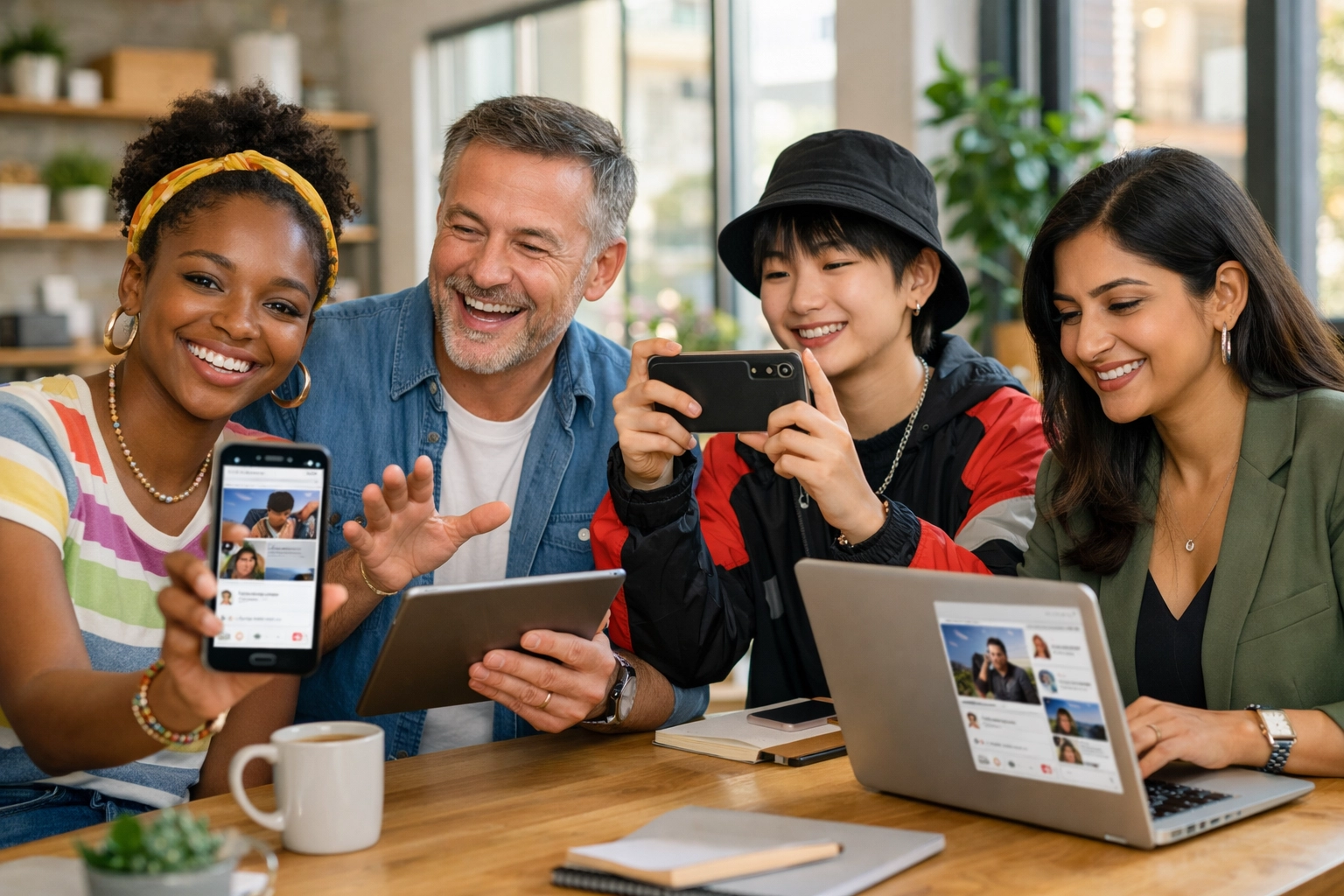 Diverse group of people collaboratively creating and sharing content on mobile devices