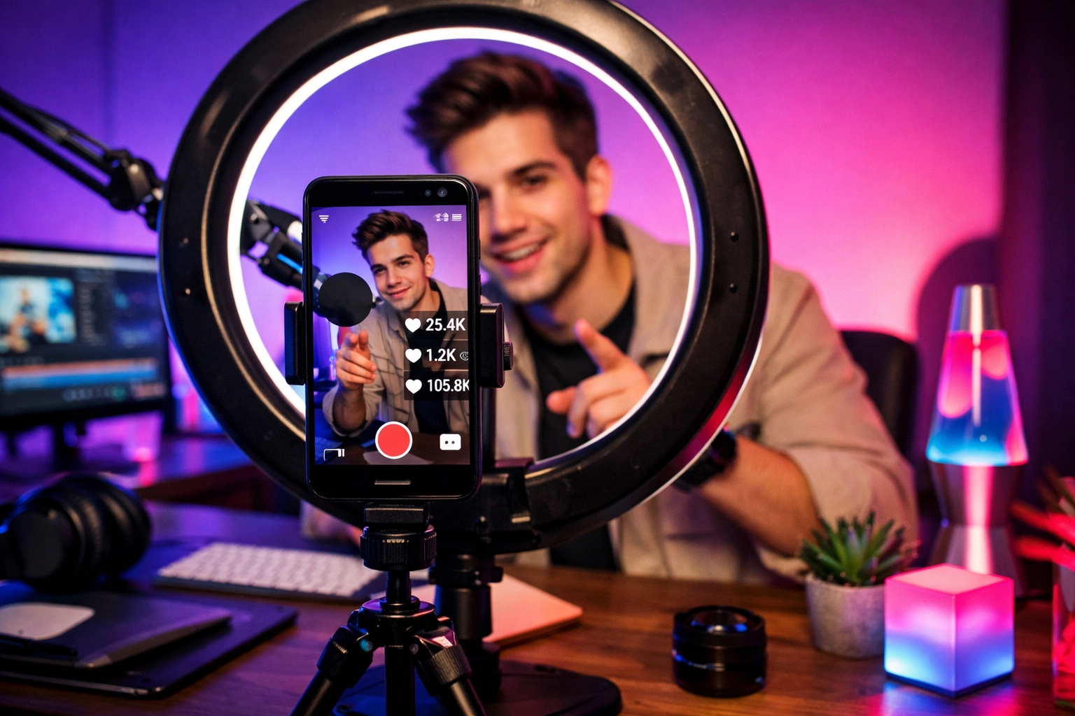 Créateur de contenu filmant une vidéo courte avec un studio professionnel