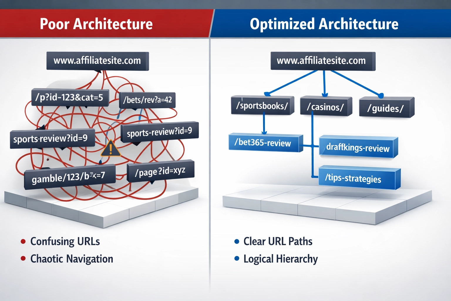 Comparaison entre une architecture de site médiocre et optimisée pour l’affiliation paris sportifs